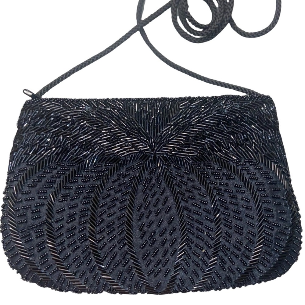 Vintage Black Beaded Evening Bag. Corded Strap Handmade. Prom, Mother of Bride